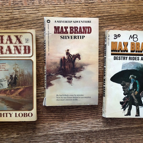 Lot of 3 vintage American western paperbacks by Max Brand - 1970s cowboy stories - "Mighty Lobo", "Destry Rides Again", "Silvertip"