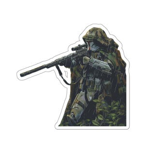 May include: A sticker featuring a detailed illustration of a soldier in camouflage gear, aiming a rifle with a scope. The soldier is in a rainy environment, with green foliage in the background. The overall color palette is muted greens, browns, and grays.