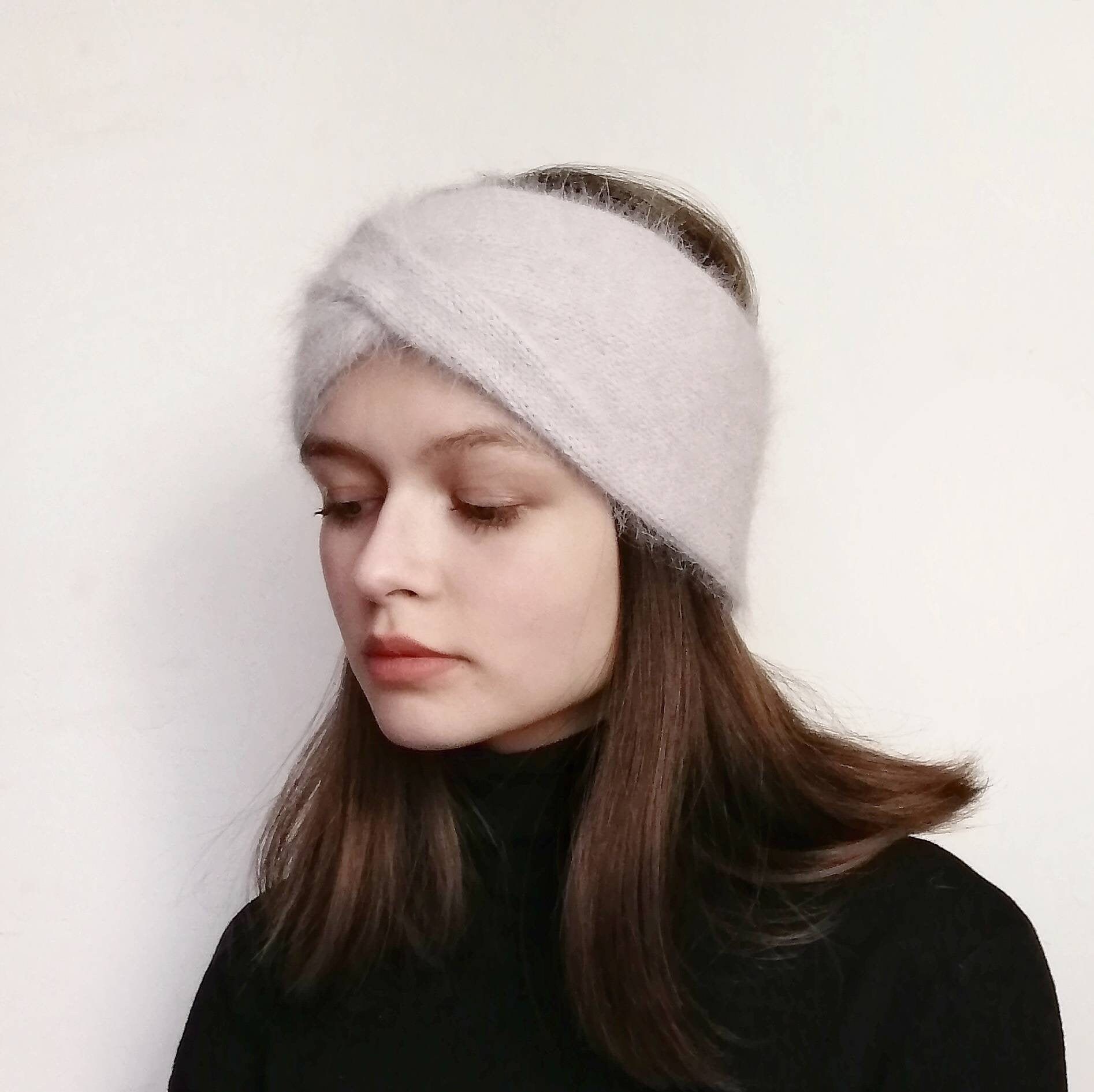Knitted light grey fluffy headband Angora wide headband Etsy