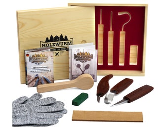 HOLZWURM carving knife set in wooden box including wooden blank, instructions & cut protection gloves