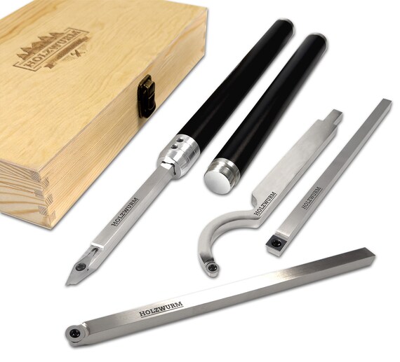 HOLZWURM Set Di Ferri Per Tornio Con Piastre In Carburo Di Tungsteno - 5 Lame + Manico Regolabile - Valigetta In Legno - Ideale Per Principianti E Professionisti