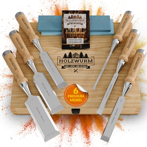 HOLZWURM professional chisel set for wood, 6-piece chisel set with whetstone, instructions for sharpening and wooden case