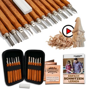 HOLZWURM wood carving tool set 12 pieces, including bag, instructions & whetstone, ideal carving knife set for beginners and professionals image 1