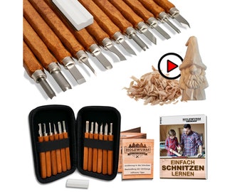 HOLZWURM Holz-Schnitzwerkzeug Set 12-tlg, inkl. Tasche, Anleitung & Abziehstein, ideales Schnitzmesser-Set für Anfänger und Profis