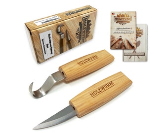 HOLZWURM Holz Schnitzmesser-Set, Löffel - Basic, inkl. Anleitung und Schnitzvorlagen, ideales Schnitzwerkzeug-Set zum Löffelschnitzen