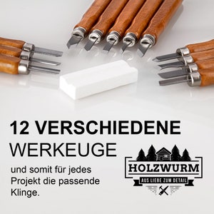 HOLZWURM wood carving tool set 12 pieces, including bag, instructions & whetstone, ideal carving knife set for beginners and professionals image 4