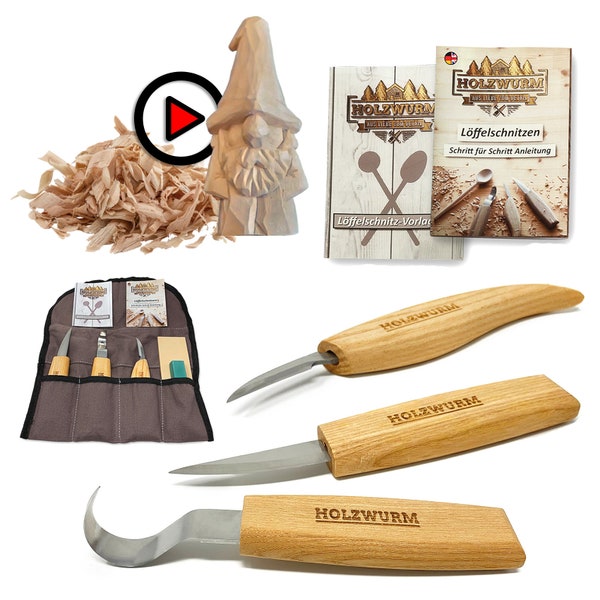 HOLZWURM Holz Schnitzmesser-Set inkl. Tasche, Anleitung und Vorlagen, ideales Schnitzwerkzeug-Set zum Löffel schnitzen (hell)