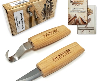 HOLZWURM Wood carving knife set, spoon - Basic, incl. instructions and carving templates, ideal carving tool set for spoon carving