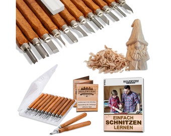 HOLZWURM Schnitzwerkzeug-Set 12-tlg inkl. Anleitung, ideales Schnitzmesser-Set zum Schnitzen von Holz, Gemüse, Obst uvm.