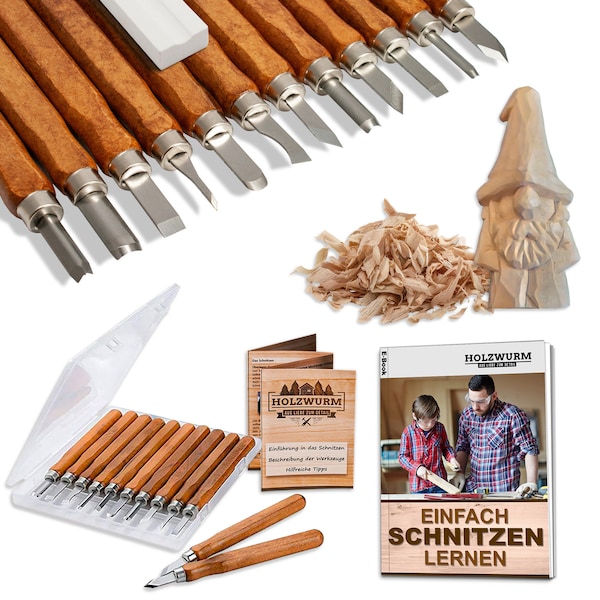 HOLZWURM Schnitzwerkzeug-Set 12-tlg inkl. Anleitung, ideales Schnitzmesser-Set zum Schnitzen von Holz, Gemüse, Obst uvm.