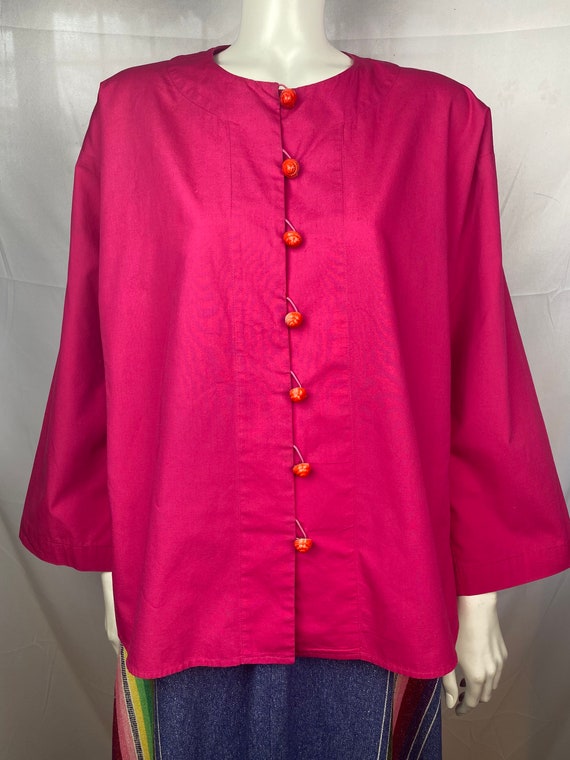 Yves Saint Laurent Rive Gauche fuchsia pink cotton blouse top with porcelain buttons Sz 40Fr M