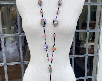 Art Deco 1920s Ercole Moretti Millefiori Glass Beads Collector Museum piece Tasselled Necklace huge egg size beads with wedding cake beads