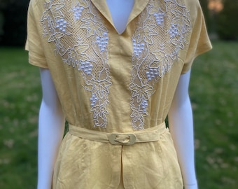 Vintage 1940s yellow linen dress with peplum and soutache embroidery Goodwood Revival Tea party