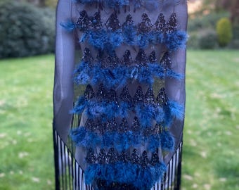 Dramatic Black net mesh tulle shawl scarf with long tassels blue feathers and sequins super long triangle shape