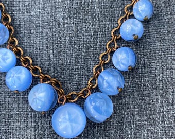 Vintage Czech Bohemian Art Deco Blue Moonglow Sapphire moon glass with stars beads necklace
