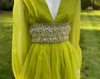 Vintage 1960s 1970s Chartreuse green chiffon mini short beaded dress encrusted with rhinestones chartreuse crystals Sz S 8 10 uk