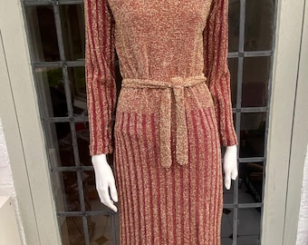 Vintage 1970s gold fluffy Lurex on burgundy straight dress with belt high neck size 10-12 uk
