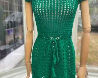 Vintage Fermus emerald green wool crochet dress Sz 8-10-12 Uk S/M