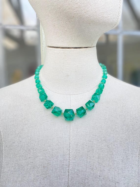 Vintage 1920s Art Deco Czech Bohemian pressed emerald green graduating faceted octagon cube glass beads necklace