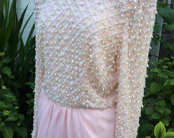 1980s vintage Victoria Royal Blush pink long maxi formal special occasion gown dress with dangling pearls Sz 14 L sexy floaty