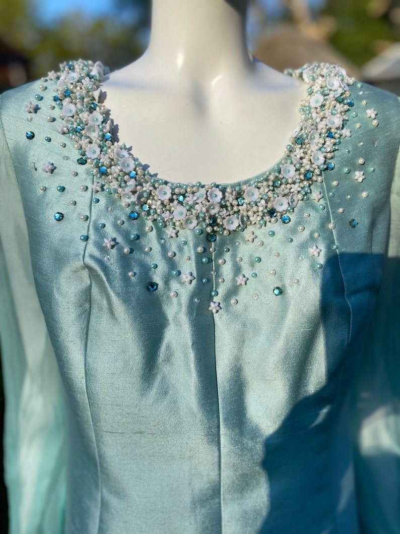 Vintage Dynasty eau De Nil Silk Shift Dress With Swarovski and Pearl