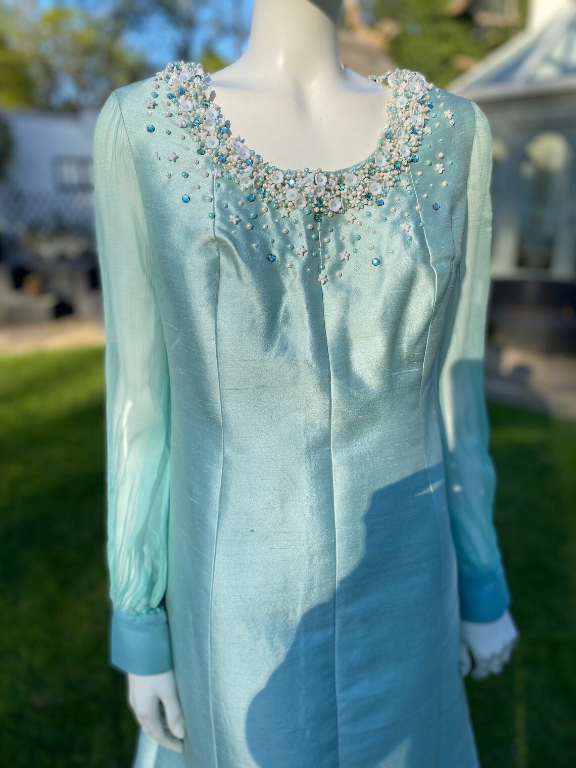 Vintage Dynasty eau De Nil Silk Shift Dress With Swarovski and Pearl