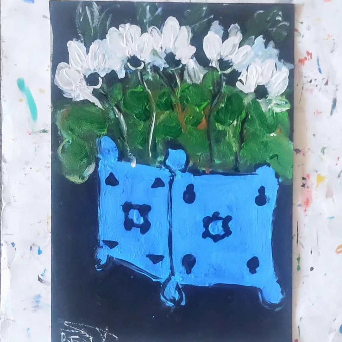 WHITE  Painting Flowers Art Original Abstract Floral Signed Wall Artwork Modern Gallery Flower Paper Vase