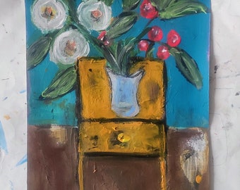 STILL life  flower acrylic   abstract painting .wall  art   flower  decor.   small  art work,  painting on  paper. home decor.best gift