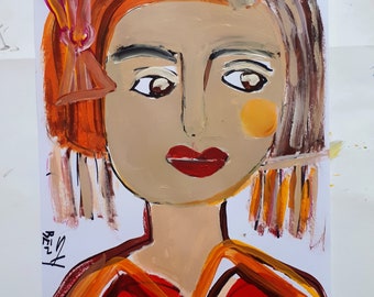 Pintura de figuras abstractas, arte original, pintura facial abstracta, pintura de retratos de mujer, obras de arte de medios mixtos