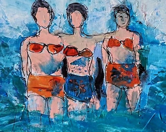 Friends at Sea Abstract Painting: Beach Wall Art (23x33cm)