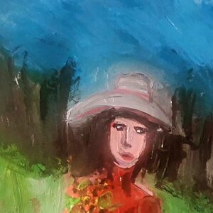 May include: A painting of a woman wearing a white hat and a red shirt. The background is a blue sky with green and brown brushstrokes.