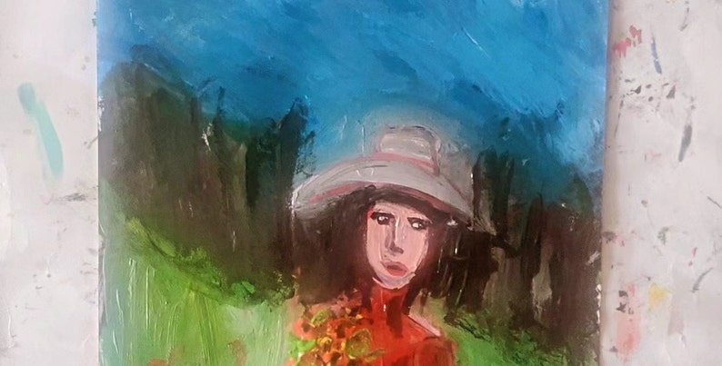 May include: A painting of a woman wearing a white hat and a red shirt. The background is a blue sky with green and brown brushstrokes.