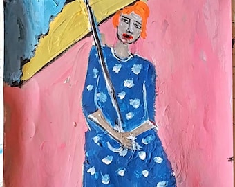 May include: A painting of a person with orange hair holding a blue and yellow umbrella. The person is wearing a blue dress with white polka dots. The background is pink.