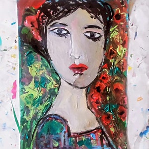 painting female portrait acrylic abstract - home  decor- women  flowers abstract  art- handmade  gift