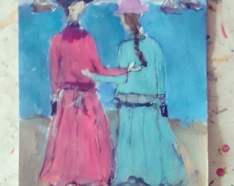 Pintura abstracta original de playa: Dos mujeres, arte figurativo