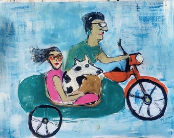 A couple rides a Vespa  painting-Modern Home Decor,acrylic  Portrait, Original Art, Woman Portrait, Modern Art,