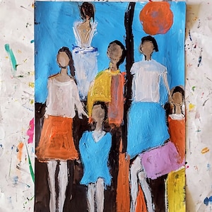 amici Dipinto acrilico originale Piccola opera d'arte. ragazzo in spiaggia dipinto su carta. decorazione murale artistica