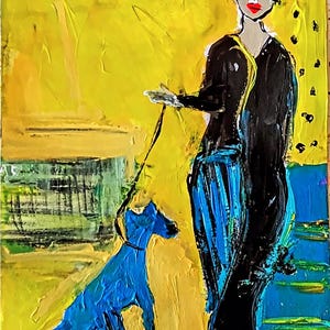 Abstract portrait painting of a woman with her dog