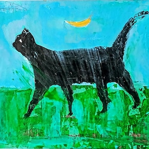 Pet PortraitGift, Black Cat Abstract Painting, Minimalist Acrylic