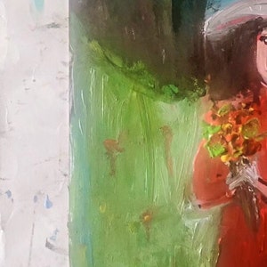 May include: A painting of a woman in a red dress holding a bouquet of flowers. The background is a green field with a blue sky.