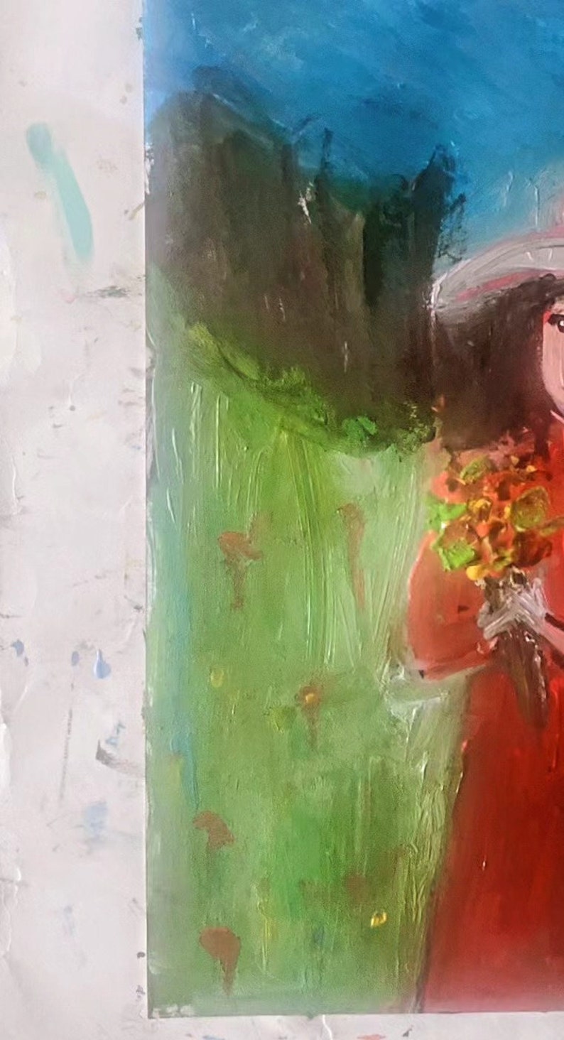 May include: A painting of a woman in a red dress holding a bouquet of flowers. The background is a green field with a blue sky.