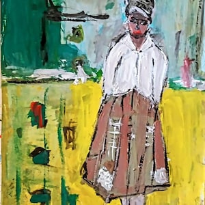 Puede incluir: Pintura abstracta de una persona con camisa blanca y falda larga estampada. El fondo presenta pinceladas verdes y amarillas, con toques de azul y otros colores. La obra de arte tiene un aspecto texturizado y pintado.