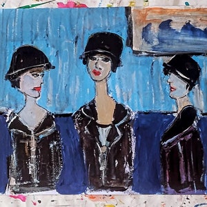 Original Abstract Portrait Painting on Paper: Women in Hats (23x33cm)