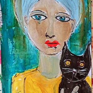 Uma pintura abstrata de mulher. Mulher com um gato. obra de arte. presente feito à mão. retrato de arte moderna. decoração de casa