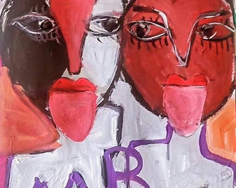 May include: An expressionist painting featuring two stylized figures with prominent red tongues, one with a black and white face and the other with a red face. The figures wear purple and white headgear, and the letters MB are painted in purple.