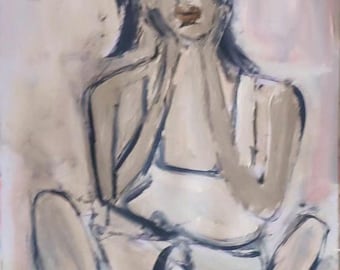 May include: An oil painting on canvas depicting a figure sitting with legs crossed. The figure has dark hair, closed eyes, and hands resting against the face. The color palette consists of muted tones including beige, soft pink, and dark charcoal lines.