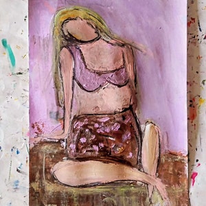 Woman with Dog Abstract Portrait Art Painting (23x33cm)