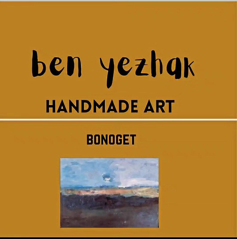 May include: A painting of a landscape with a blue sky, brown fields, and a dark forest in the foreground. The painting is titled "BONOGET" and is by the artist "ben yezhak".