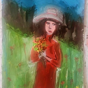 May include: A painting of a woman in a red dress and a white hat holding a bouquet of flowers. The background is a green field with a blue sky.