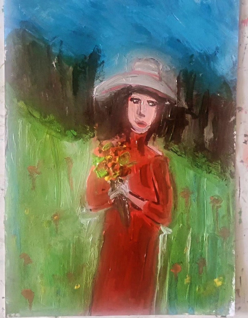 May include: A painting of a woman in a red dress and a white hat holding a bouquet of flowers. The background is a green field with a blue sky.